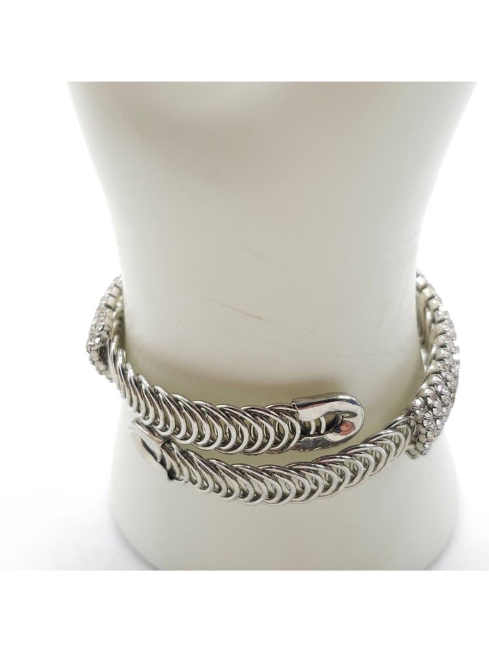 Rhinestone Silver-Tone Coil Bracelet With Adjustable Sparkling Design Vintage - Picture 3 of 4